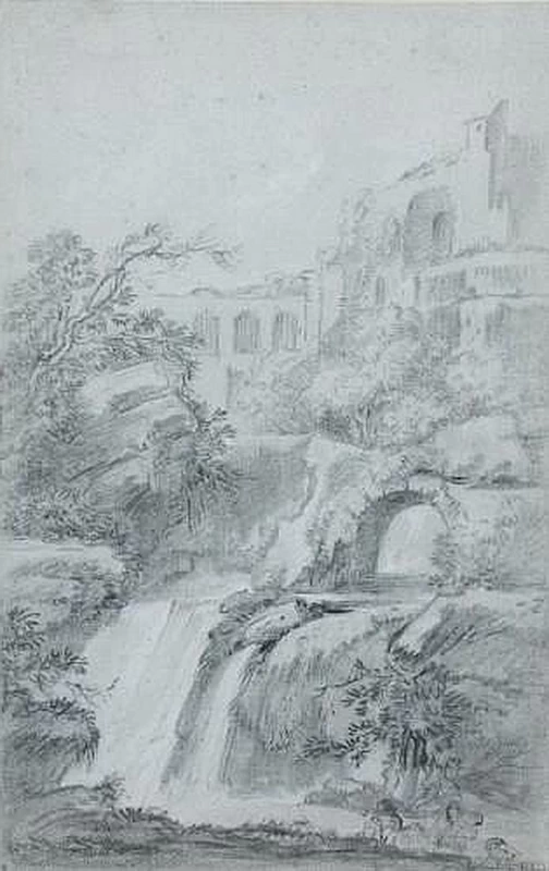 Antiche rovine che si affacciano su una cascata